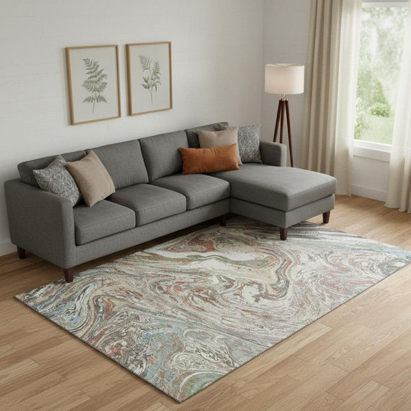 HomeRoots 9' X 12' Beige Copper Green Abstract Washable Area Rug - Durable, UV-Protected, Pet-Friendly Design! 683098