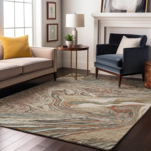 HomeRoots 9' X 12' Beige Copper Green Abstract Washable Area Rug - Durable, UV-Protected, Pet-Friendly Design! 683098