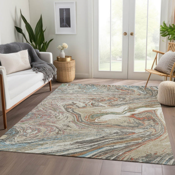 HomeRoots 9' X 12' Beige Copper Green Abstract Washable Area Rug - Durable, UV-Protected, Pet-Friendly Design! 683098