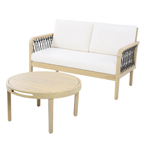English Elm Outdoor Acacia Wood Loveseat Set with Woven Rope Detail and Slatted Coffee Table Cream,Dark Gray,Light Teak N768P363954L
