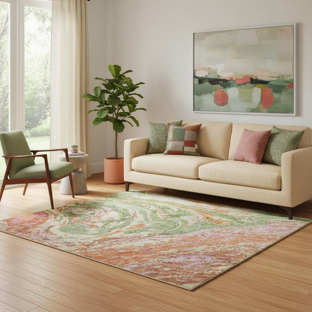 HomeRoots 5' X 8' Coral Green & Peach Abstract Area Rug - Durable, Washable, UV Protected, Modern Style 683101