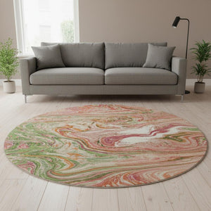 HomeRoots 8' Coral Green and Peach Abstract Round Rug - Durable, Washable, UV-Protected for High-Traffic Areas 683102