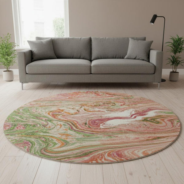 HomeRoots 8' Coral Green and Peach Abstract Round Rug - Durable, Washable, UV-Protected for High-Traffic Areas 683102