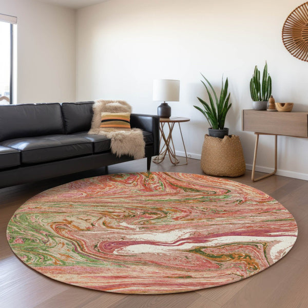 HomeRoots 8' Coral Green and Peach Abstract Round Rug - Durable, Washable, UV-Protected for High-Traffic Areas 683102