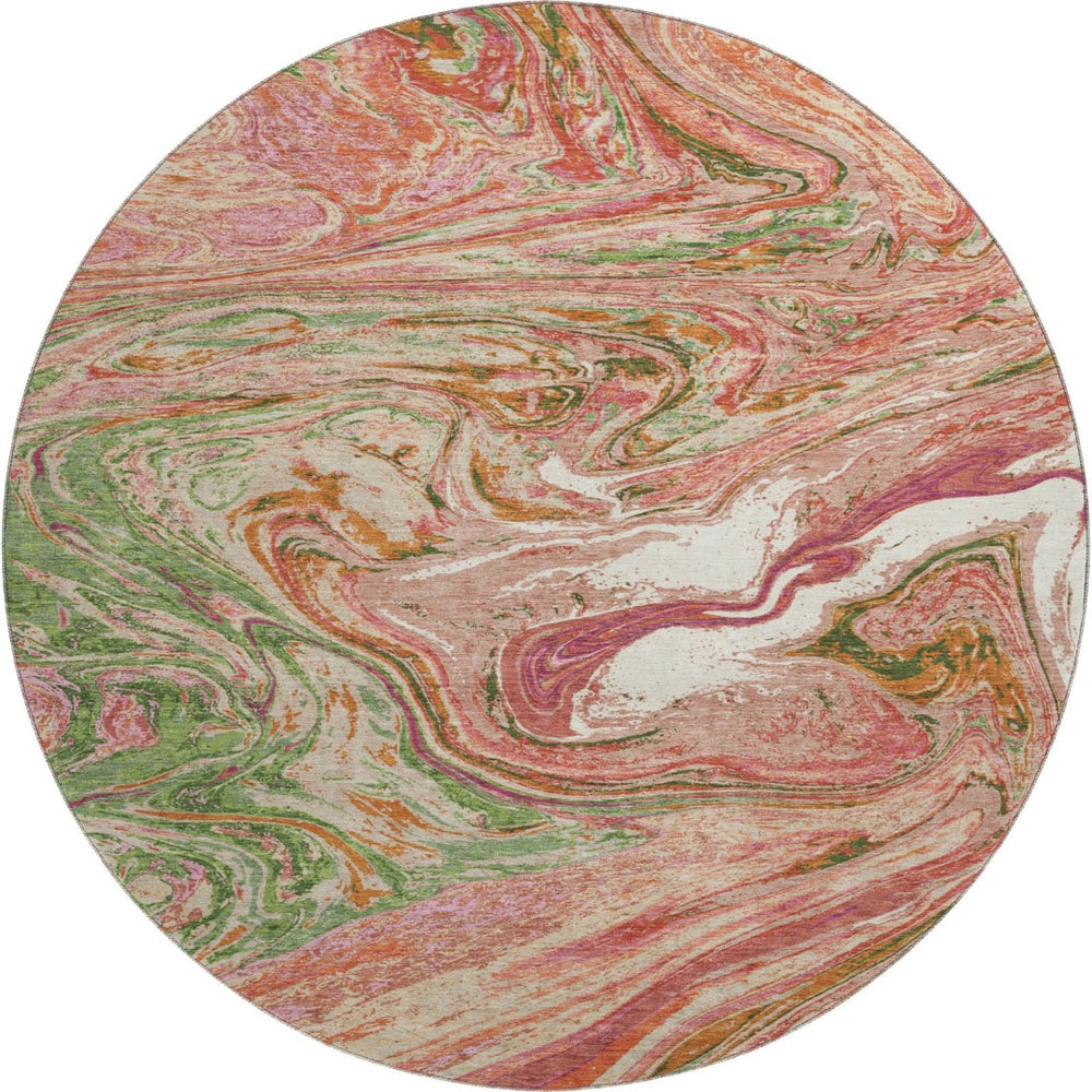 HomeRoots 8' Coral Green and Peach Abstract Round Rug - Durable, Washable, UV-Protected for High-Traffic Areas 683102