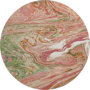 HomeRoots 8' Coral Green and Peach Abstract Round Rug - Durable, Washable, UV-Protected for High-Traffic Areas 683102
