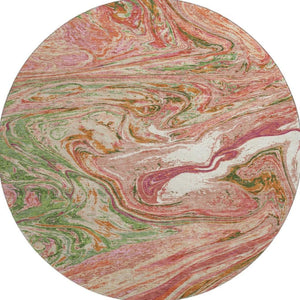 HomeRoots 8' Coral Green and Peach Abstract Round Rug - Durable, Washable, UV-Protected for High-Traffic Areas 683102