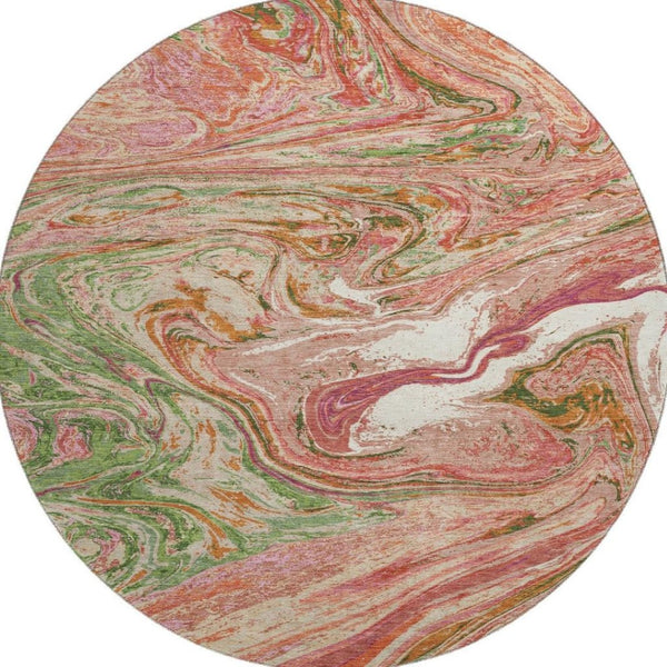 HomeRoots 8' Coral Green and Peach Abstract Round Rug - Durable, Washable, UV-Protected for High-Traffic Areas 683102