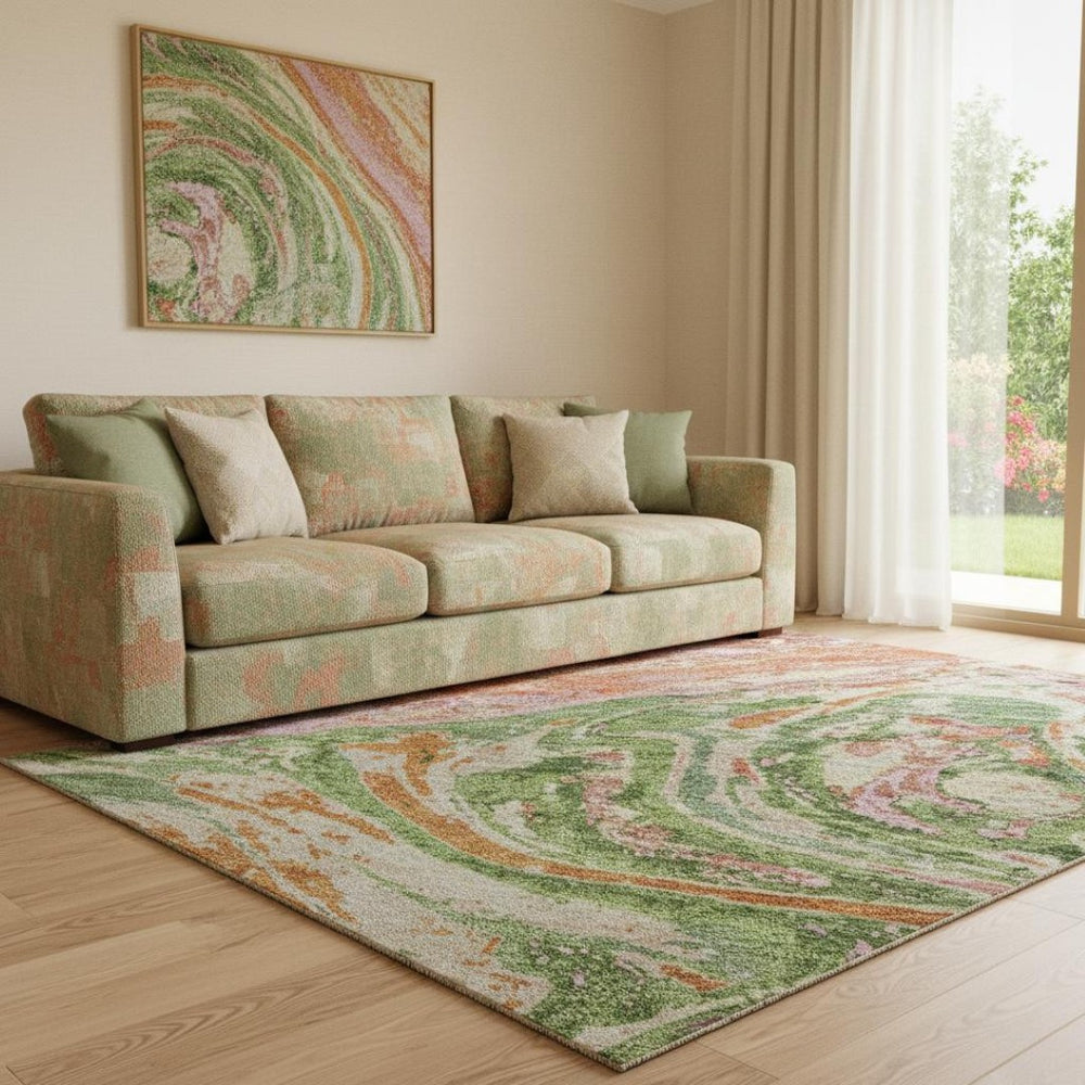 HomeRoots 8' X 10' Coral Green & Peach Abstract Washable Area Rug - Stain Resistant, UV Protected, Stylish Design 683103