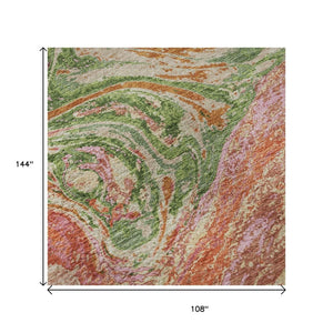HomeRoots 9' X 12' Abstract Coral Green and Peach Washable Area Rug with UV Protection for Modern Spaces 683104