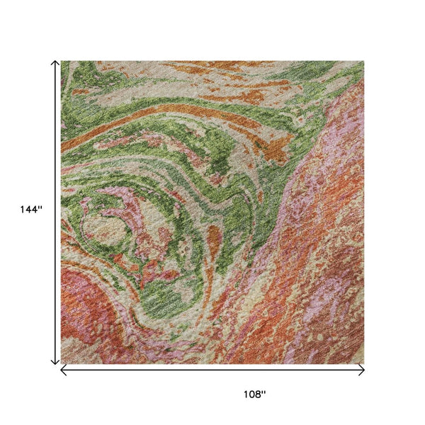 HomeRoots 9' X 12' Abstract Coral Green and Peach Washable Area Rug with UV Protection for Modern Spaces 683104