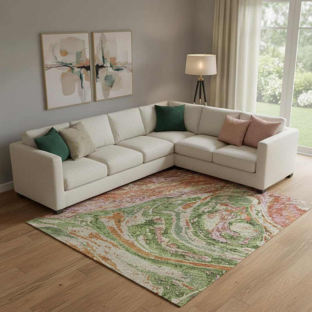 HomeRoots 9' X 12' Abstract Coral Green and Peach Washable Area Rug with UV Protection for Modern Spaces 683104