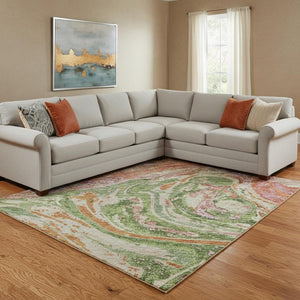 HomeRoots 10' X 14' Coral Green & Peach Abstract Area Rug - Durable, Washable with UV Protection for Style & Comfort 683105