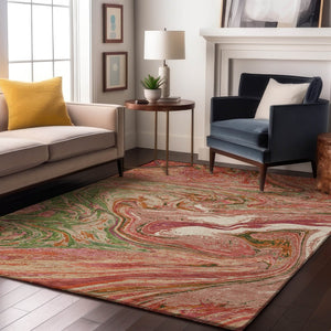 HomeRoots 10' X 14' Coral Green & Peach Abstract Area Rug - Durable, Washable with UV Protection for Style & Comfort 683105