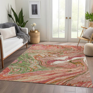 HomeRoots 10' X 14' Coral Green & Peach Abstract Area Rug - Durable, Washable with UV Protection for Style & Comfort 683105