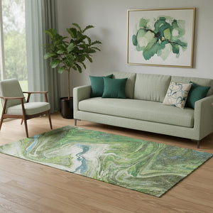 HomeRoots 5' X 8' Washable Area Rug in Green, Blue & Ivory - UV Protected, Modern Abstract Design for Any Space 683107
