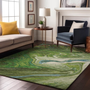 HomeRoots 5' X 8' Washable Area Rug in Green, Blue & Ivory - UV Protected, Modern Abstract Design for Any Space 683107