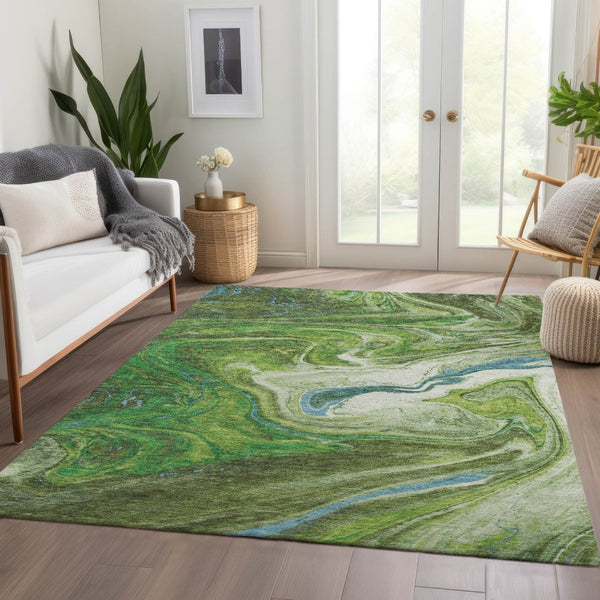 HomeRoots 5' X 8' Washable Area Rug in Green, Blue & Ivory - UV Protected, Modern Abstract Design for Any Space 683107