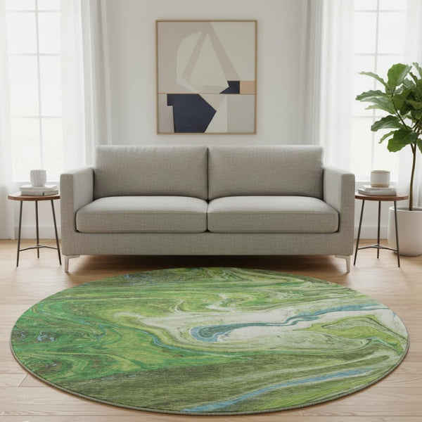 HomeRoots 8' Contemporary Abstract Round Rug in Green, Blue, and Ivory - Washable, Stain Resistant, UV Protected 683108