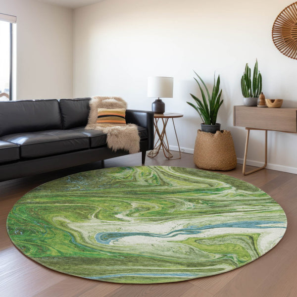 HomeRoots 8' Contemporary Abstract Round Rug in Green, Blue, and Ivory - Washable, Stain Resistant, UV Protected 683108