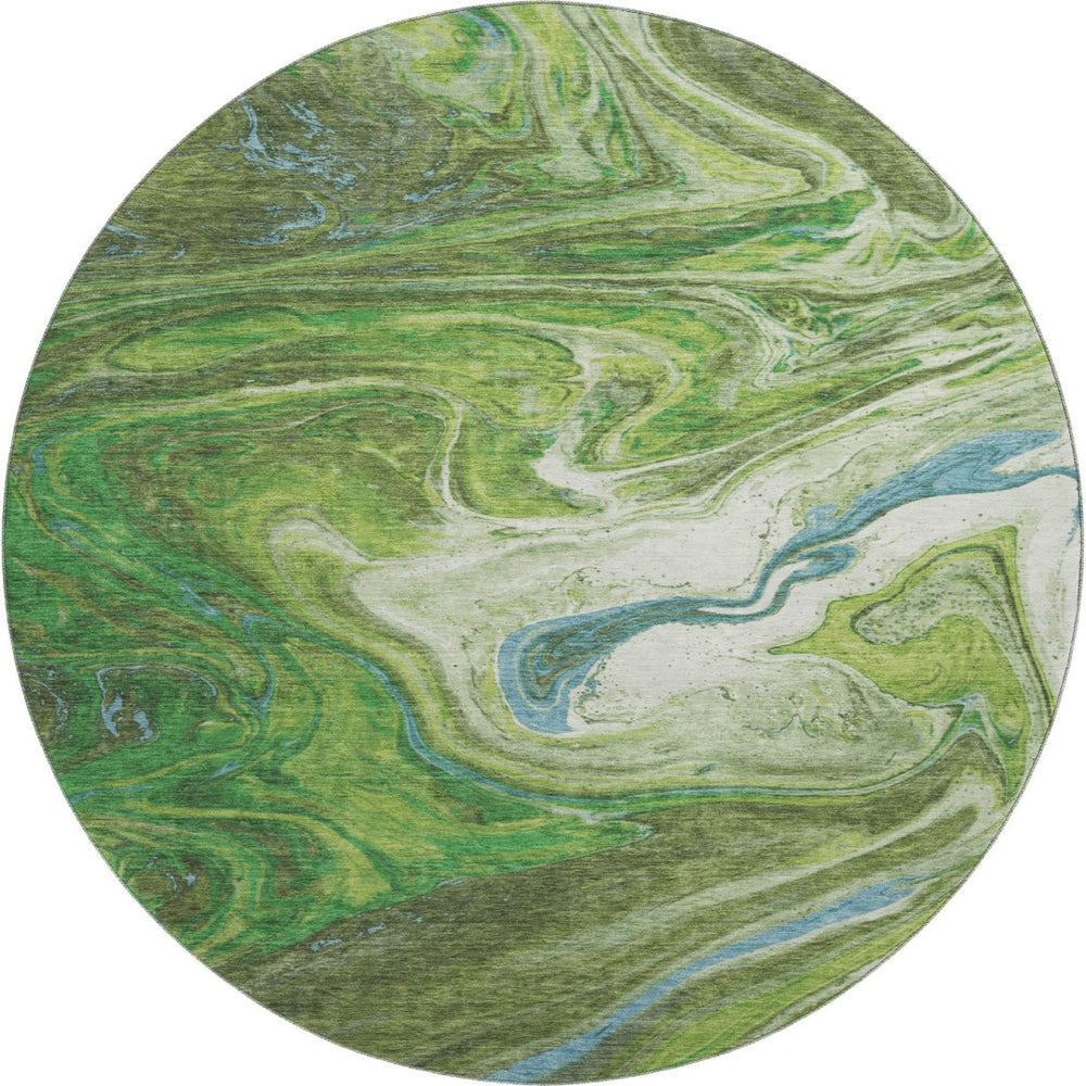 HomeRoots 8' Contemporary Abstract Round Rug in Green, Blue, and Ivory - Washable, Stain Resistant, UV Protected 683108