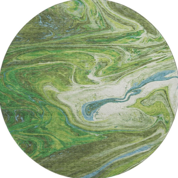 HomeRoots 8' Contemporary Abstract Round Rug in Green, Blue, and Ivory - Washable, Stain Resistant, UV Protected 683108