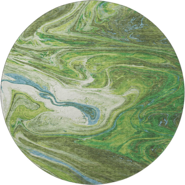 HomeRoots 8' Contemporary Abstract Round Rug in Green, Blue, and Ivory - Washable, Stain Resistant, UV Protected 683108