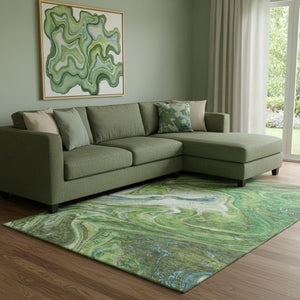 HomeRoots 8' X 10' Abstract Area Rug in Green, Blue & Ivory - Washable, UV-Protected, Perfect for High-Traffic Spaces 683109
