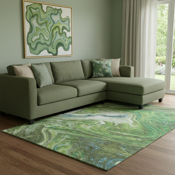 HomeRoots 8' X 10' Abstract Area Rug in Green, Blue & Ivory - Washable, UV-Protected, Perfect for High-Traffic Spaces 683109
