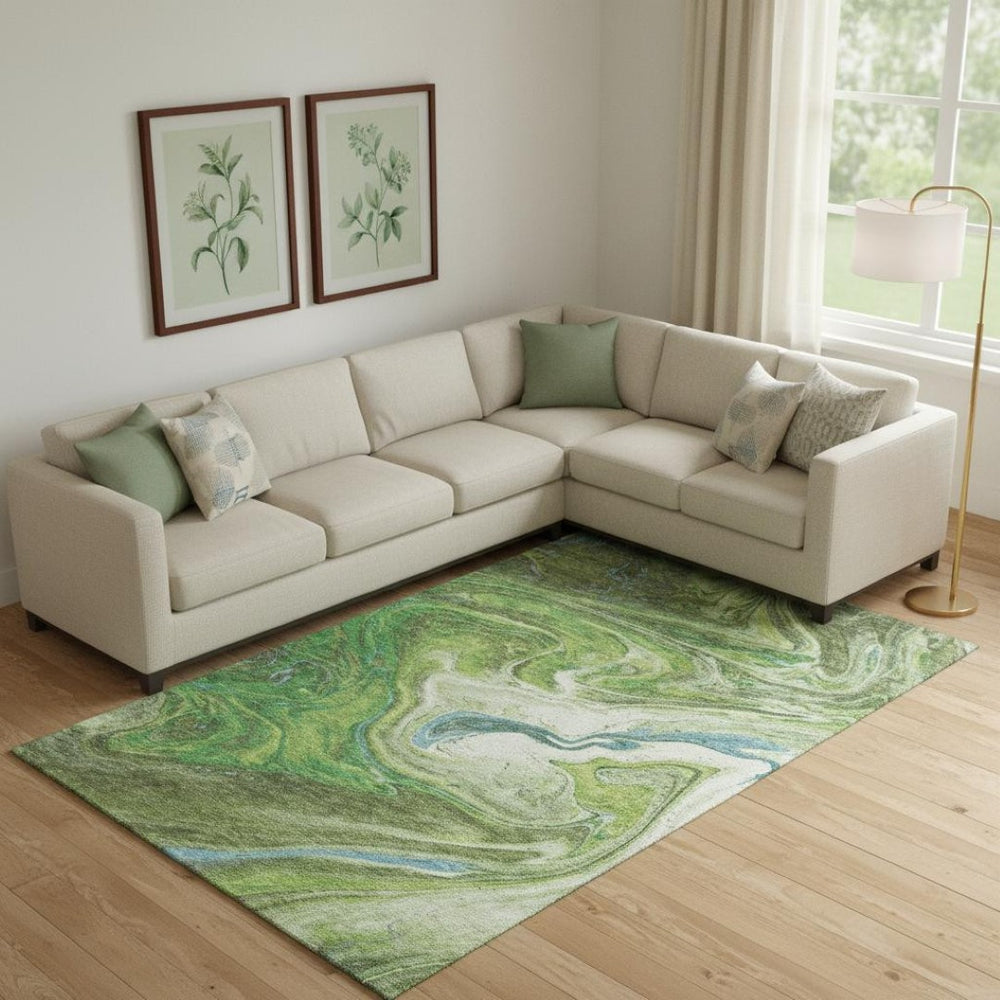HomeRoots 9' X 12' Abstract Area Rug in Green, Blue & Ivory - Washable, UV-Protected, Stylish & Durable Design 683110