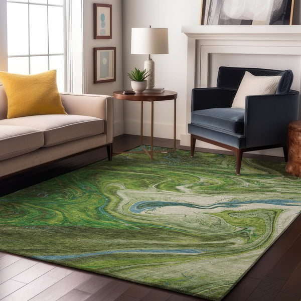 HomeRoots 9' X 12' Abstract Area Rug in Green, Blue & Ivory - Washable, UV-Protected, Stylish & Durable Design 683110