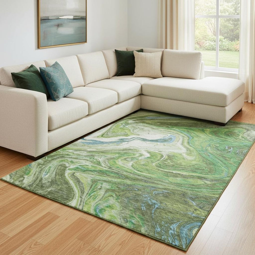 HomeRoots 10' X 14' Abstract Washable Area Rug in Green, Blue & Ivory – UV Protected, Stain Resistant Design 683111