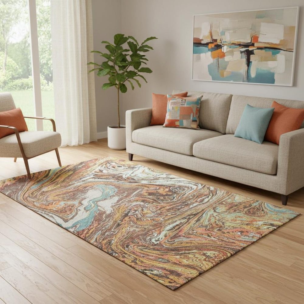 HomeRoots 5' X 8' Khaki Blue Copper Abstract Area Rug - Washable, UV-Protected, Stain-Resistant & Stylish! 683113