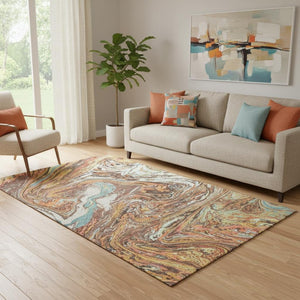 HomeRoots 5' X 8' Khaki Blue Copper Abstract Area Rug - Washable, UV-Protected, Stain-Resistant & Stylish! 683113