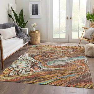 HomeRoots 5' X 8' Khaki Blue Copper Abstract Area Rug - Washable, UV-Protected, Stain-Resistant & Stylish! 683113