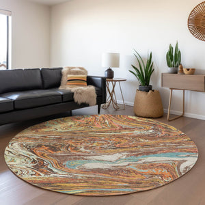 HomeRoots 8' Khaki Blue and Copper Abstract Washable Round Rug - Durable, UV-Protected & Stylish for Any Space 683114