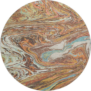 HomeRoots 8' Khaki Blue and Copper Abstract Washable Round Rug - Durable, UV-Protected & Stylish for Any Space 683114