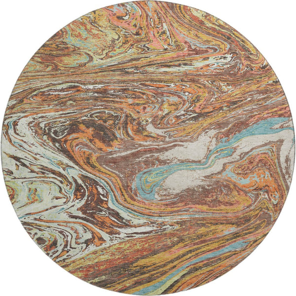 HomeRoots 8' Khaki Blue and Copper Abstract Washable Round Rug - Durable, UV-Protected & Stylish for Any Space 683114