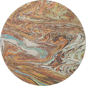 HomeRoots 8' Khaki Blue and Copper Abstract Washable Round Rug - Durable, UV-Protected & Stylish for Any Space 683114