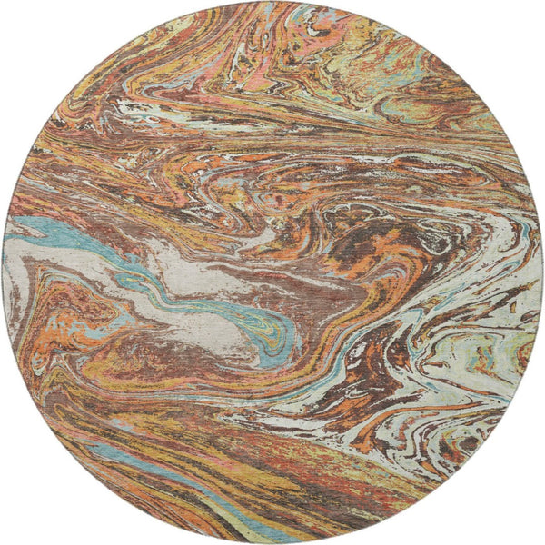 HomeRoots 8' Khaki Blue and Copper Abstract Washable Round Rug - Durable, UV-Protected & Stylish for Any Space 683114