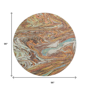 HomeRoots 8' Khaki Blue and Copper Abstract Washable Round Rug - Durable, UV-Protected & Stylish for Any Space 683114