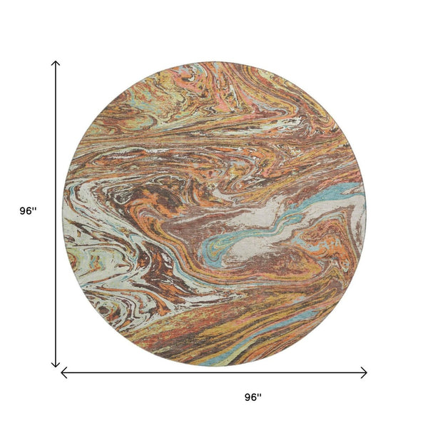 HomeRoots 8' Khaki Blue and Copper Abstract Washable Round Rug - Durable, UV-Protected & Stylish for Any Space 683114