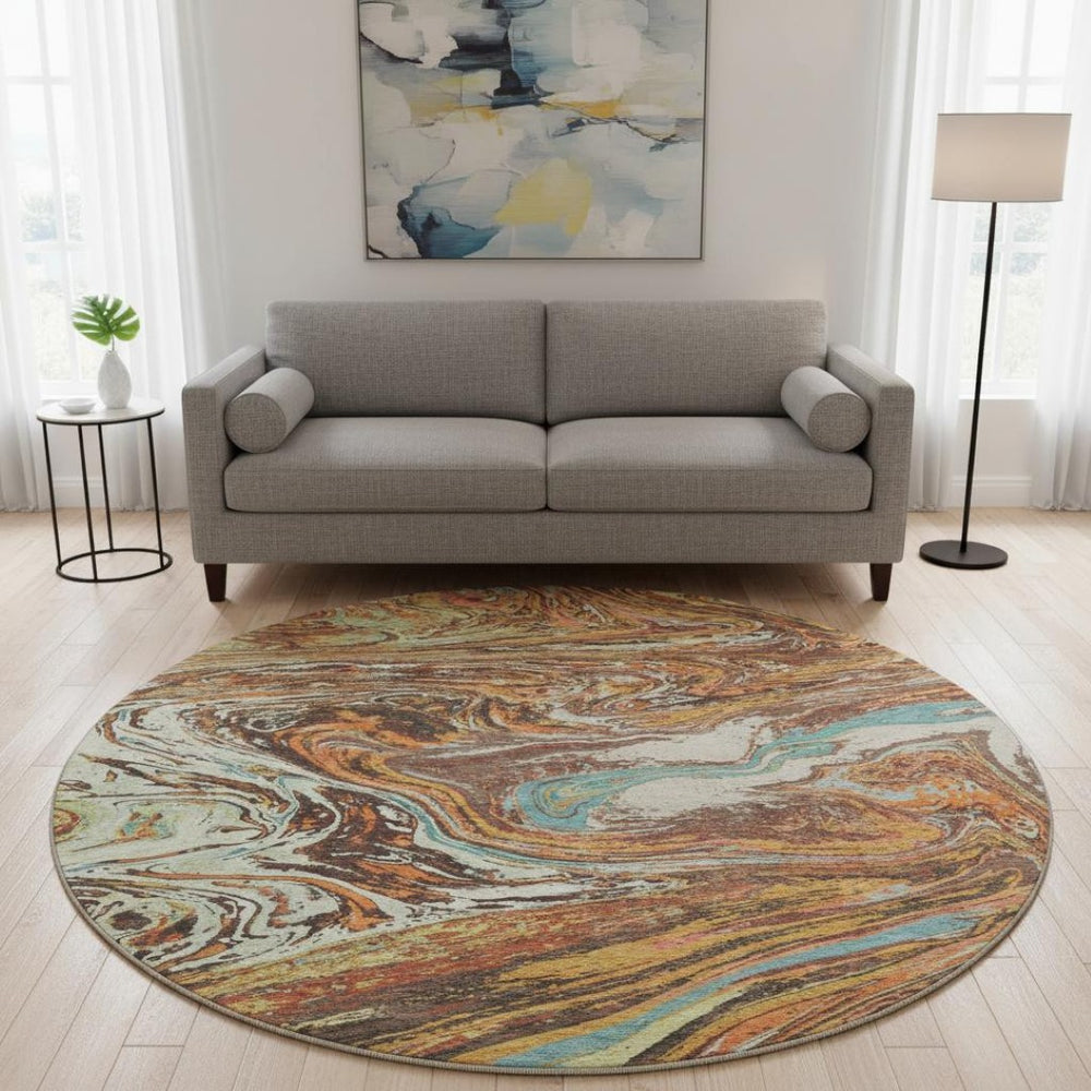 HomeRoots 8' Khaki Blue and Copper Abstract Washable Round Rug - Durable, UV-Protected & Stylish for Any Space 683114