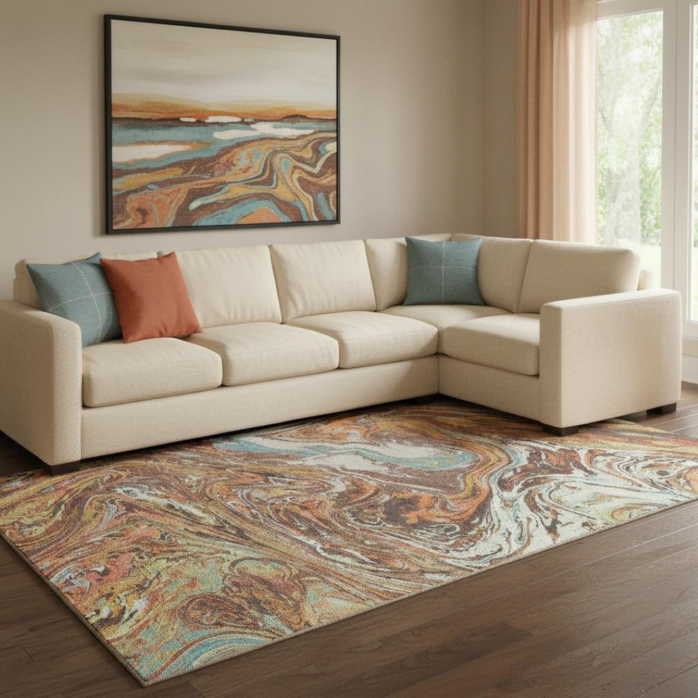 HomeRoots 8' X 10' Khaki Blue & Copper Abstract Area Rug - Durable, Washable, UV-Protected for High Traffic Homes 683115
