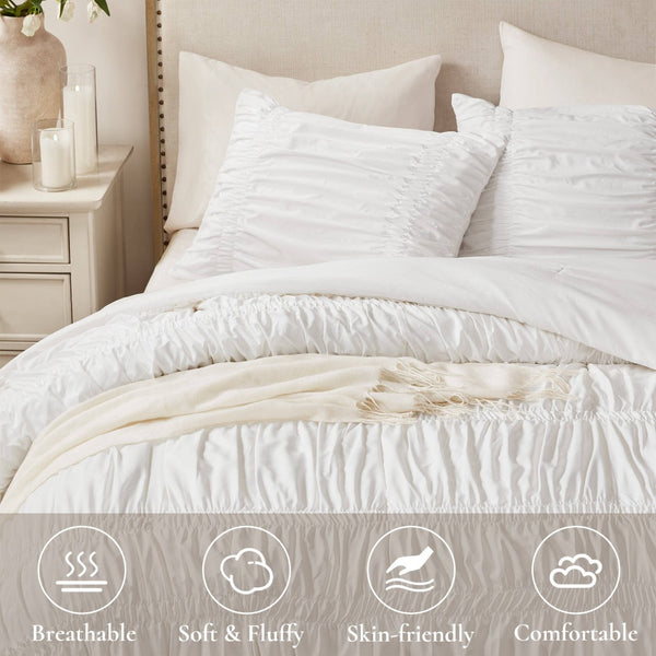 English Elm 2pcs Shabby Chic Ruched Comforter Set Bow Trim Brushed Polyester Fill Romantic Bedroom White B035P341082