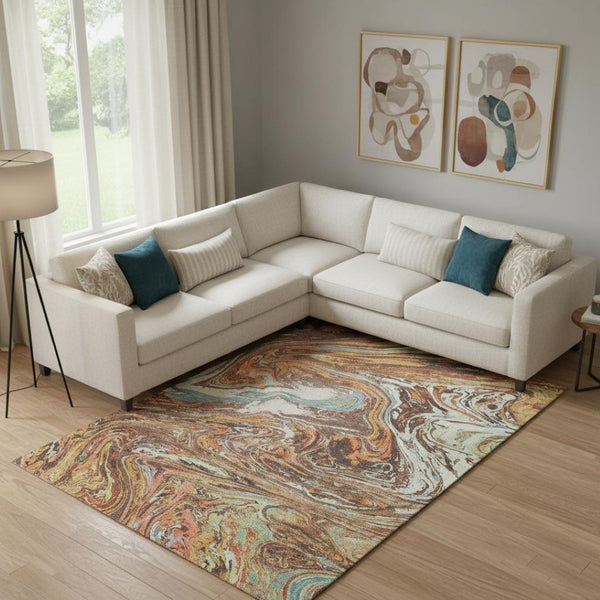 HomeRoots 9' X 12' Modern Abstract Washable Rug in Khaki, Blue & Copper - UV Protected & Stain-Resistant Design 683116