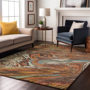 HomeRoots 9' X 12' Modern Abstract Washable Rug in Khaki, Blue & Copper - UV Protected & Stain-Resistant Design 683116