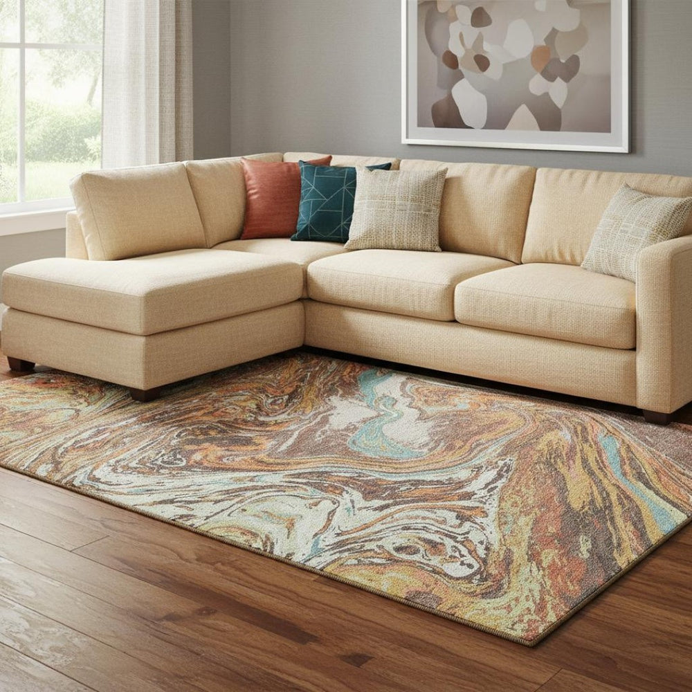 HomeRoots 10' Khaki Blue Copper Abstract Area Rug - Washable, UV-Protected, Modern Design for Busy Homes 683117