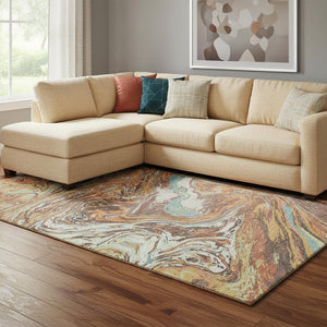 HomeRoots 10' Khaki Blue Copper Abstract Area Rug - Washable, UV-Protected, Modern Design for Busy Homes 683117
