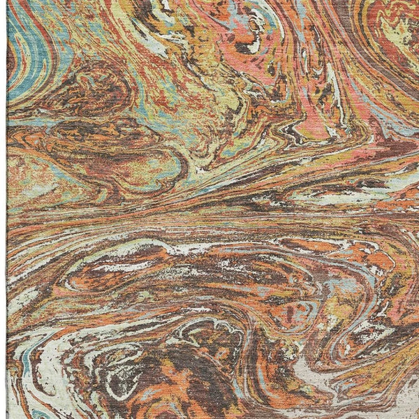 HomeRoots 10' Khaki Blue Copper Abstract Area Rug - Washable, UV-Protected, Modern Design for Busy Homes 683117
